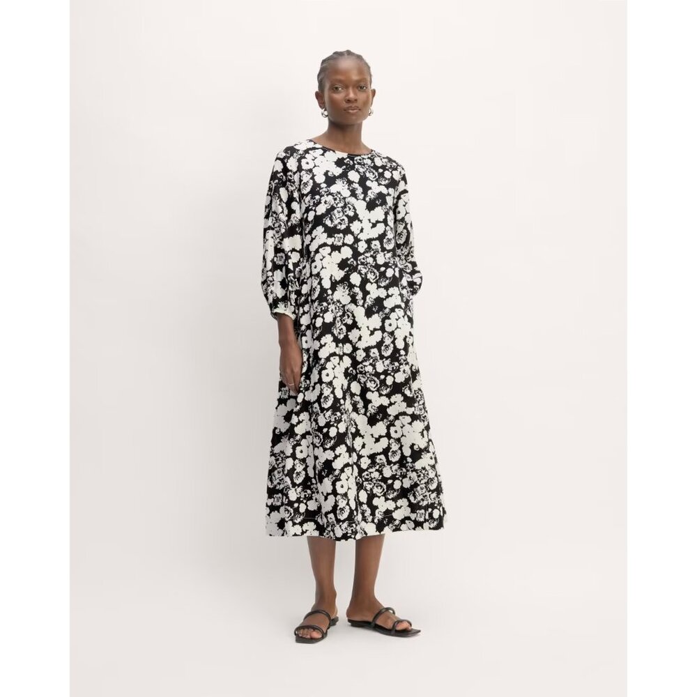 Flowy Floral Black and White Linen Dress